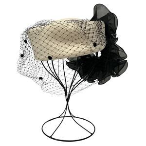 Vintage Sonni Ivory Pillbox Hat Veil Netting Organza Ruffles Cocktail Fascinator